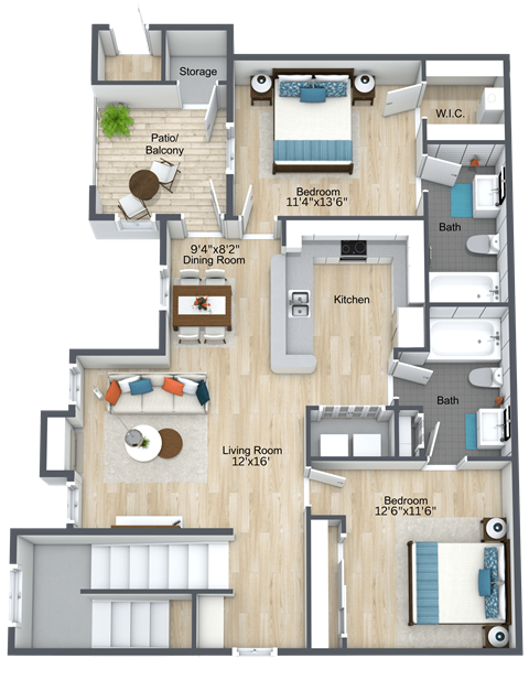 A floor plan of an apartment with a living room, dining room, kitchen, and multiple bedrooms.